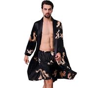 Haseil Kimono de luxe pour homme avec short imprimé en satin de soie - noir - X-Large