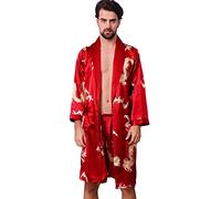 Haseil Kimono de luxe pour homme avec short imprimé en satin de soie - rouge - X-Large