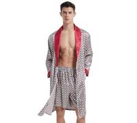 Haseil Men's Luxurious Kimono Robe with Pajama Shorts Set Long Sleeve Silk Bathrobe Soft Satin Robe Lightweight House Sleepwear, Red, Tagsize4XL=USsizeXL