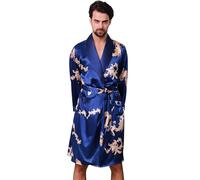 Haseil Peignoir kimono à manches longues en satin pour homme Motif dragon, bleu, 3X-Large