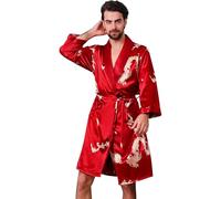 Haseil Peignoir kimono en satin pour homme - Dragon - Soie luxueuse - Manches longues - Rose rouge - Taille XL