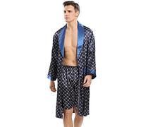 Haseil Peignoir kimono luxueux pour homme avec short en satin de soie, ensemble de vêtements de nuit légers à manches longues, bleu 2, Large