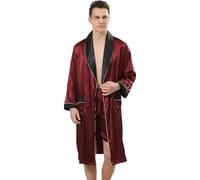 Haseil Peignoir kimono luxueux pour homme avec short en satin de soie, ensemble de vêtements de nuit légers à manches longues, bordeaux, X-Large