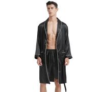Haseil Peignoir kimono luxueux pour homme avec short en satin de soie, ensemble de vêtements de nuit légers à manches longues, noir 1, Medium