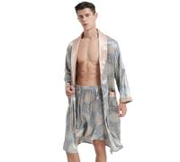 Haseil Peignoir kimono luxueux pour homme avec short en satin de soie, ensemble de vêtements de nuit légers à manches longues, Bleu-doré, Large