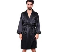 Haseil Peignoir kimono luxueux pour homme avec short, peignoirs en satin de soie légers à manches longues, ensemble de vêtements de nuit, noir, Large