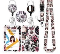 HASFINE Porte-badge motif tête de mort et floral avec lanière détachable et bobine de badge rétractable avec mousqueton robuste, clip de rotation à 360° et porte-clés, joli porte-carte d'identité