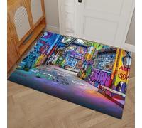 HASLEFND 90 x 150 cm Paillasson Intérieur Antidérapant - Style Graffiti de Rue Ruelle des Graffitis - Tapis en Microfibre Douce avec Base en Caoutchouc pour Cuisine, Salle de Bain - Bleu-Violet