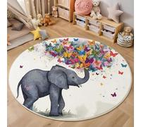 HASLEFND Art onirique Tapis Rond pour Enfant - Papillon éléphant - pour Chambre d'enfant, Salle de Jeux, Chambre d'adolescent, Salon - Gris foncé, 120cm