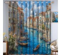 HASLEFND Bleu Peinture à l'huile de Paysage Œillet Black-Out Rideau, Les canaux de Venise Œillet Draperies, Décoratif Panorama Lumière Blocage Confidentialité Thermique Isolé, 117 X 137 cm x 2 Stück