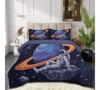 HASLEFND Couette 140 x 200 cm 4 Saisons Exploration Spatiale Imprimée | Édredon Réversible sans Housse pour Lit 1 Personnes,Météorite Saturne l'astronaute, Couette Légère Microfibre Douce Jaune Bleu