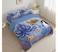 HASLEFND Couette Enfant 140 x 200 cm 4 Saisons - Couette Animaux Marins Reversible, Couleur Pieuvre Pingouin Tortue Marine Douce et Confortable, Légère et Respirante Couverture Quilting d'Été