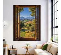 HASLEFND Impression sur Toile Paysage pastoral, Décoration Murale Vert, Montagnes et champs par la fenêtre Affiche Poster œuvre D'art Moderne et Esthétique pour Salon, Couloir70 x 100 cm