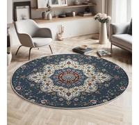 HASLEFND Lavable Tapis Rond 180cm Antidérapant Fin Bleu foncé Tapi Circulaire Salon Chambre Style Ethnique Persan vignes Fleuries Médaillon Tapis de Sol Tapi de Décoration