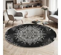 HASLEFND Lavable Tapis Rond 60cm Antidérapant Fin Gris foncé Tapi Circulaire Salon Chambre Style Mandala Fleurs et Feuilles Médaillon Tapis de Sol Tapi de Décoration