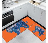 HASLEFND Lot de 2 Tapis antidérapants de Cuisine, Lavable, Style Pop Art Tigre Bleu, décoration pour la Maison, Bureau, Bureau Debout Couleur Orange, 45x75+45x150cm