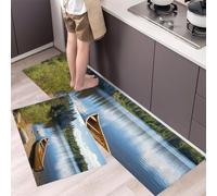 HASLEFND Lot de 2 Tapis de Cuisine antidérapant, Paysages naturels Lacs, Bateaux, forêts Absorbe l'eau et l'huile pour Cuisine, Couloir, Chambre à Coucher 50x80+50x150cm, Cyan