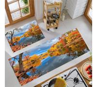 HASLEFND Lot de 2 Tapis de Cuisine antidérapants et lavables, Paysages naturels, Forêts colorées d'automne et Eau du lac, 40x60+40x120cm, Jaune Bleu, décoration de Cuisine Vintag
