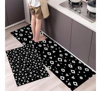 HASLEFND Lot de 2 Tapis de Cuisine Antidérapants, Lavables, Géométrie Abstraite Formes géométriques Blanches, pour Couloir, Salle à Manger, Entrée et Porte, 50x80+50x150cm,Noir
