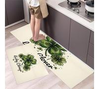 HASLEFND Lot de 2 Tapis de Cuisine Antidérapants, Lavables, Illustrations de Plantes Trèfle à Quatre Feuilles Aquarelle, pour Couloir, Salle à Manger, Entrée et Porte, 45x75+45x150cm, Vert