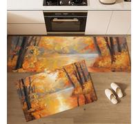 HASLEFND Lot de 2 Tapis de Cuisine Antidérapants, Lavables, Peinture à l'huile de Paysage Érables de la Rive, pour Couloir, Salle à Manger, Entrée et Porte, 45x75+45x150cm,Jaune