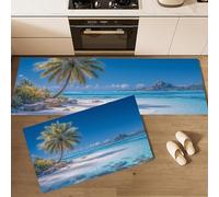 HASLEFND Lot de 2 Tapis de Cuisine Antidérapants, Lavables, Style de Station balnéaire Tropicale Palm Tree Beach, pour Couloir, Salle à Manger, Entrée et Porte, 45x75+45x150cm, Bleu