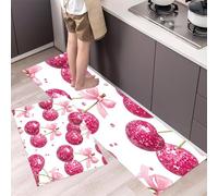 HASLEFND Lot de 2 Tapis de Cuisine Style Dessin animé Mignon,Antidérapants, Lavables, Cherry Bow Rose, pour Couloir, Salle à Manger, Entrée et Porte, 40x60+40x120cm