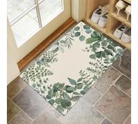 HASLEFND Paillasson - 90 x 150 cm - Vert - Pliable - Fin et Lavable - Plantes Simples Empreinte de Feuille d'eucalyptus - Antidérapant - pour Porte d'entrée, entrée, Patio, Couloir
