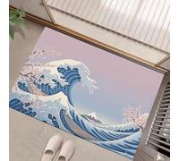 HASLEFND Paillasson Interieur Ukiyo-E Japonais, 50 x 80 cm Tapis Entree Interieur Le Mont Fuji avec des Vagues Tapis Chien avec Dos en TPE Durable et Antidérapant Lavable en Machine, Bleu Clair