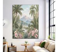HASLEFND Palmiers, fleurs des montagnes enneigées Tableau Décoration Murale Salon Impression sur Toile Image sur Toiles Rose Vert Peinture de paysage naturel Peintures sur Toile Décoration Murale