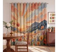 HASLEFND Paysage à l'aquarelle Rideau Occultant À Oeillets | Champ de Fleurs de Sun Mountain - Rideau Occultant Décor Microfibre pour Chambre d'enfants Salon 2 Pièces 117 X 137 cm - Couleur Orange