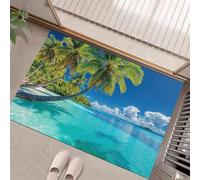 HASLEFND Paysages de Bord de mer Welcome Paillasson pour l'extérieur et l'intérieur - Plage de Coconut Tree Island - Paillasson Lavable Antidérapant- pour Porte d'entrée - Bleu-Vert - 40 x 60 cm