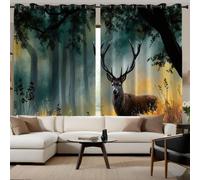 HASLEFND Rideau Occultant Forêt Aquarelle, Decoration Chambre Salon,Arbre à Brouillard de cerf, Lot de 2 Rideaux Thermiques à Oeillets, 140 X 260 cm (LxH),Jaune-Vert