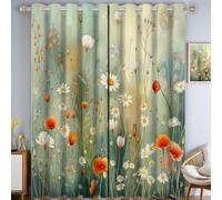 HASLEFND Rideau Occultant Thermique Isolant Fleurs du Jardin, 95% Bloquer Lumière, Marguerite Coquelicot, Rideaux Bleu à Oeillets pour Chambre Adulte Salon, 140 X 225 cm, 2 Pièces