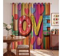 HASLEFND Rideau Occultant Thermique Isolant Style Rural Peint à la Main, 95% Bloquer Lumière, Cœurs en Bois coloré, Rideaux Jaune et Rouge à Oeillets pour Chambre Adulte Salon, 140 X 160 cm, 2 Pièces