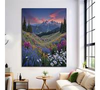 HASLEFND Sans Cadre Impression sur Toile Paysage d'été Tableau Image sur Toile Vert Fleurs sauvages des prairies alpines Peinture Tableau Decoration Murale Salon Chambre Salle de Bain 30 x 40 cm
