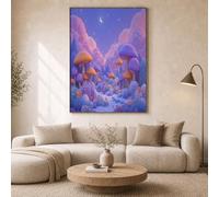 HASLEFND Sans cadre Impression sur Toile Violet Tableau Affiche Decoration Murale Paysage de dessin animé Nuages de forêt de champignons Poster Tableau Decoration Murale Salon Chambre 40 x 50 cm