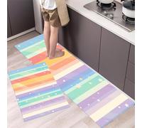 HASLEFND Style rayé de rêve Étoiles à Rayures Verticales Tapis de Cuisine Antidérapant, 50x80+50x150cm Tapis de Cuisine Devant Evier, Anti-salissures, Lavable en Machine pour Cuisines,Jaune violacé