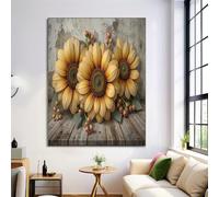 HASLEFND Tableau Décoration Murale Jaune 50 x 70 cm - Affiche Tournesol Vieille planche en bois Sans Cadre pour Salon, Chambre, Salle de Bain - Toile Déco Style campagnard de ferme Maison