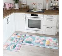 HASLEFND Tapis Cuisine Collage Alimentaire Antidérapant Tapis Devant Evier Cupcake Guimauve Bleu et Rose Tapi Ensemble Universel pour décoration de Maison, Bureau 45x75+45x150cm