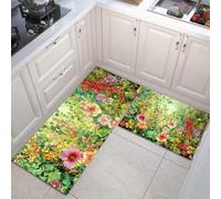 HASLEFND Tapis Cuisine Devant evier,Tapis de Peinture à l'huile de Fleurs Fleurs Sauvages, Feuilles Vertes, vignes,Lavable Doux Vert Tapi D'EntréE,Tapi de Couloir,Facile à Nettoyer - 45x75+45x150cm