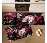 HASLEFND Tapis Cuisine Devant evier,Tapis de Photographie de Fleurs Pivoine et Feuilles Vertes,Lavable Doux Rose Tapi D'EntréE, Tapi de Passage,Tapi de Couloir,Facile à Nettoyer - 40x60+40x120cm