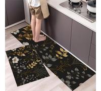 HASLEFND Tapis Cuisine Plantes rétro Antidérapant Tapis Devant Evier Fleurs Sauvages, Feuilles, lianes Noir et Or Tapi Ensemble pour Cuisines, Couloir45x75+45x150cm