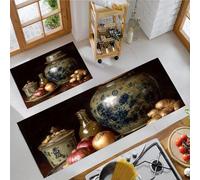 HASLEFND Tapis Cuisine Style de Peinture à l'huile rétro Antidérapant Tapis Devant Evier Pot en Porcelaine Bleu et Blanc à Motif Oignon Bleu-Brun Tapi Ensemble Universel pour Bureau 40x60+40x120cm