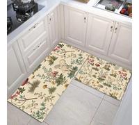 HASLEFND Tapis de Couloir 45x75+45x150cm, Tapis Cuisine Devant Evier Brun Clair Plantes rétro Champignons et Fleurs Sauvages Antidérapant Lavable pour Couloir Chambre Buanderie Entrée Salon