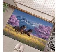 HASLEFND Tapis de Porte d'intérieur en Paysages naturels, Motif Chevaux au Galop, cerisiers en Fleurs et Montagnes enneigées Jaune,décoration d'intérieur, Tapis d'extérieur pour l'intérieur, l'entrée