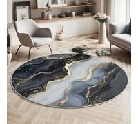 HASLEFND Tapis de Salon à Poils Courts - 120cm - Rond -Noir et Or - Lavable - Fluide Abstrait Vagues déferlantes - Dessous antidérapant Moelleux et Extra Doux - pour Salle à Manger et Chambre à