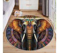 HASLEFND Tapis de Salon Rond à Poils Courts 100cm Tapis de Sol Décoratif Doux et Confortable Coutumes Ethniques L'éléphant Indien mystérieux Antidérapant pour Salon Chambre, Or