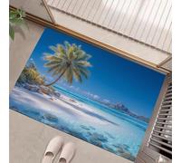HASLEFND Tapis Interieur Entree Bleu 90 x 150 cm Tapi de Porte Lavable Tapis Salon Style de Station balnéaire Tropicale Palm Tree Beach Tapi Chambre Cuisine Dessous Antidérapant