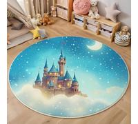 HASLEFND Tapis pour Enfant Rond 120cm - Tapis Doux et Douillet - pour Salon - Tapi pour Filles - Chambre à Coucher - Chambre d'enfant - Tapi Fin - Thème des rêves Château, étoiles et Lune